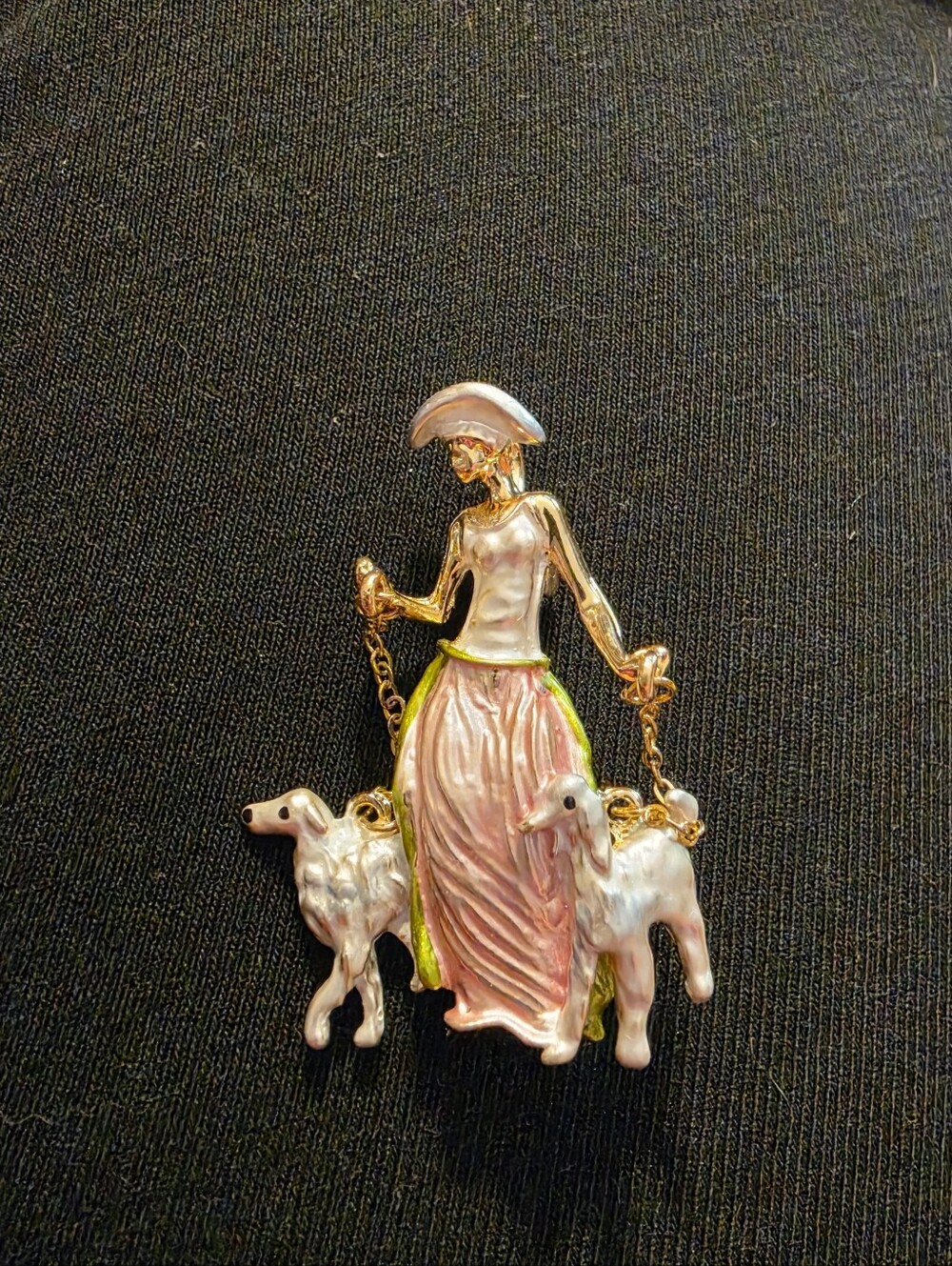 Gold-Tone Pink Enamel Shepherdess Brooch with Sheep